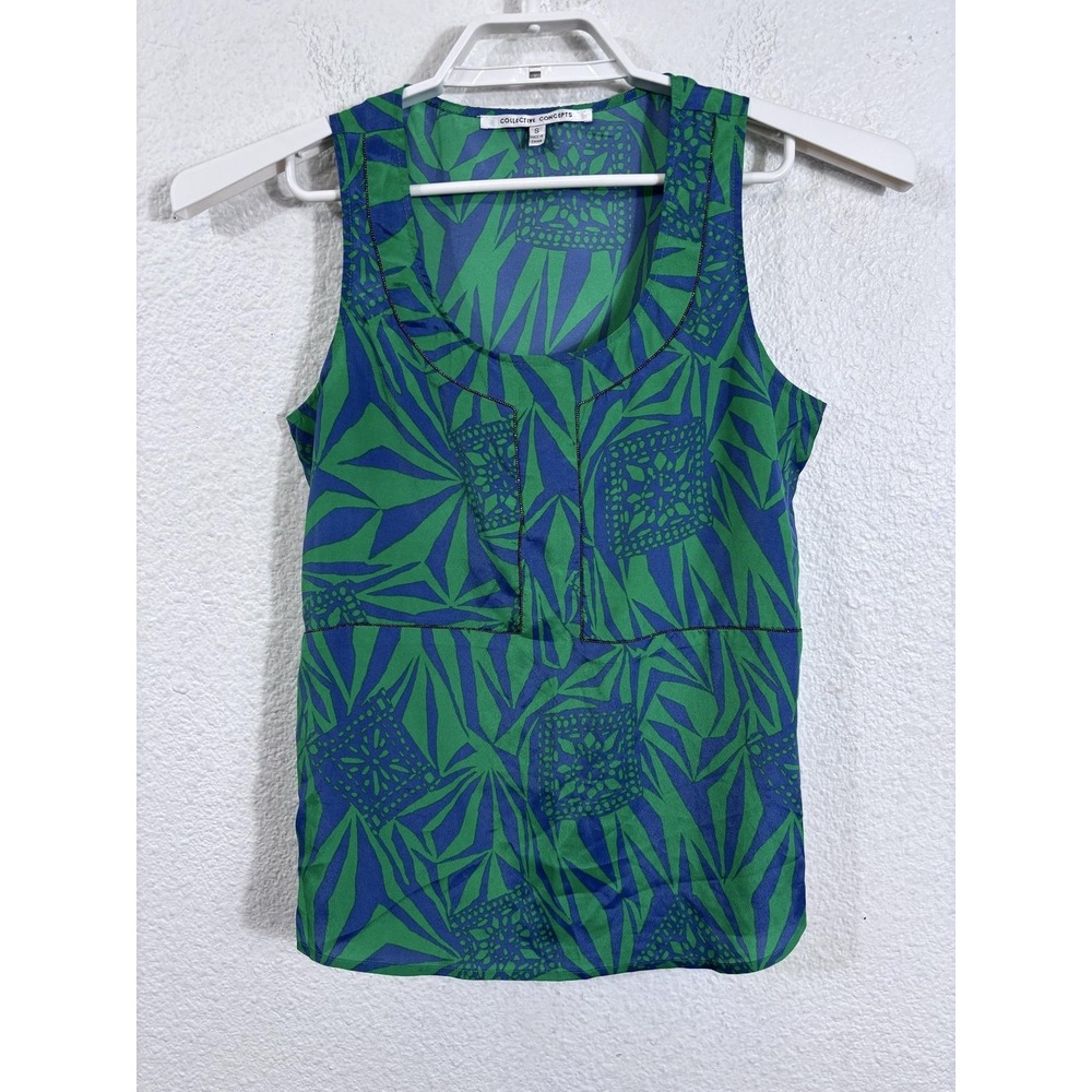 Collective Concepts Tank Top Womens Small Green Blue Tropical Geometric Print